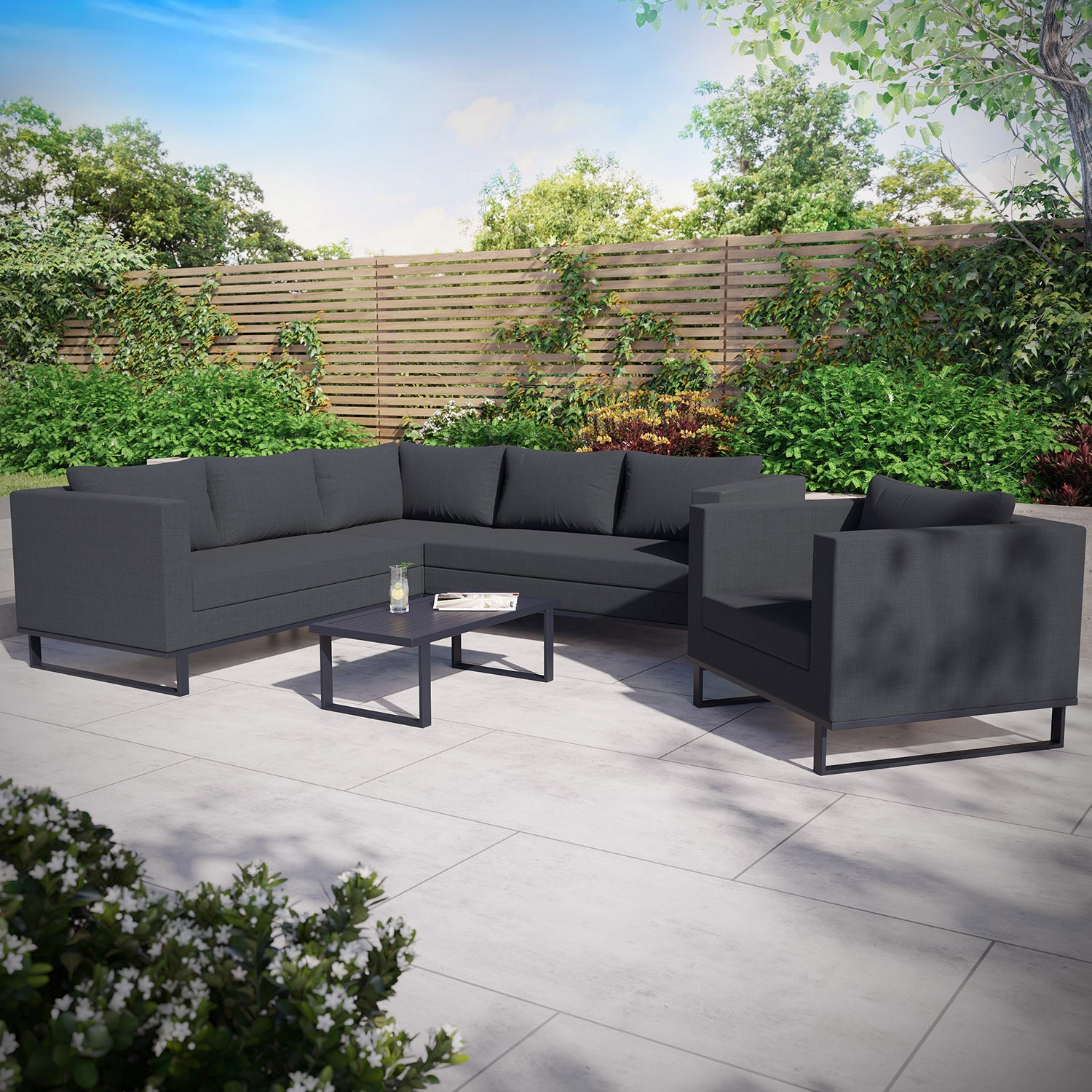 Photo of 5 seater grey outdoor garden waterproof fabric corner sofa chair and table set - como