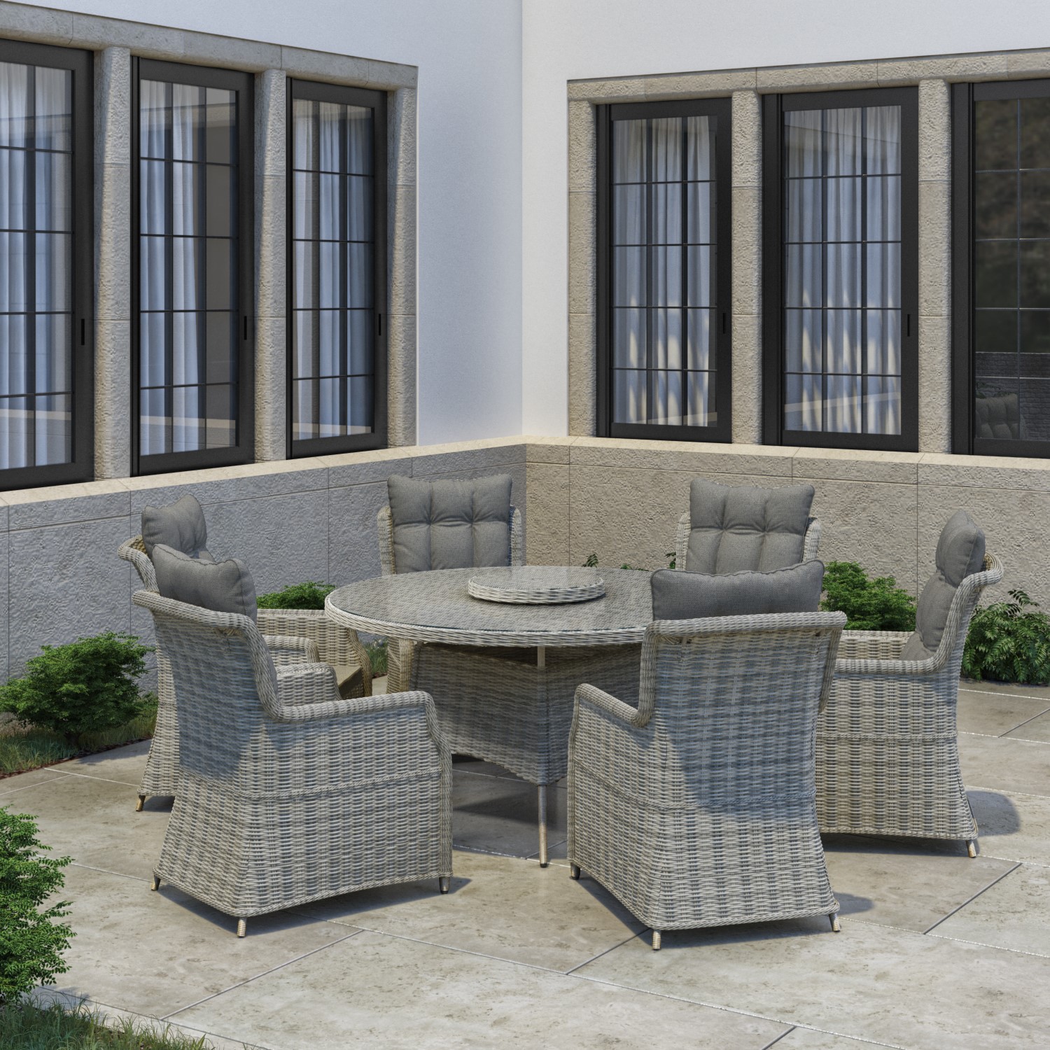 6 Seater Grey Round Rattan Garden Dining Set with Table and Chairs