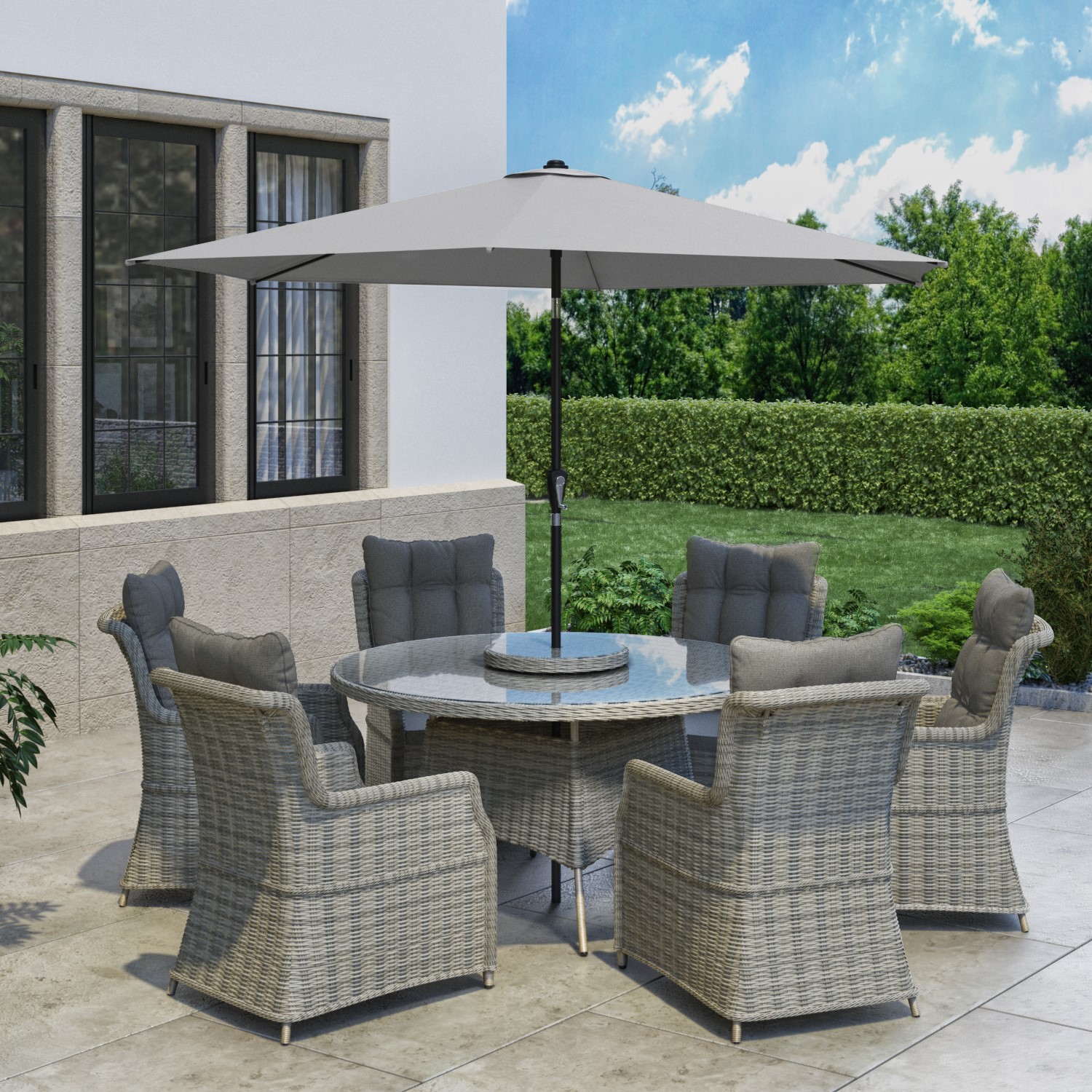 6 Seater Grey Round Rattan Garden Dining Set with Table and Chairs