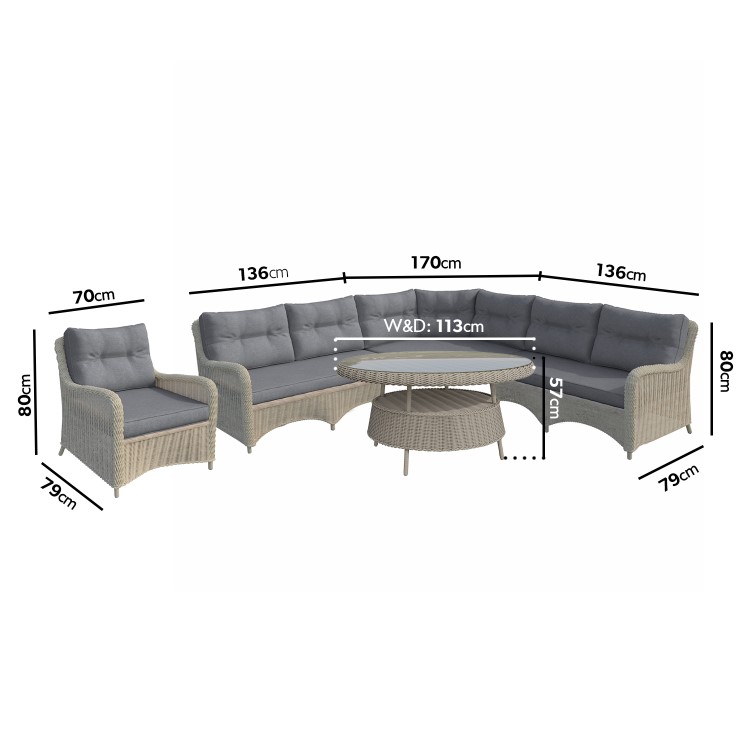 Rattan Garden Corner Sofa Set with Chair and Round Glass Top Table - Aspen