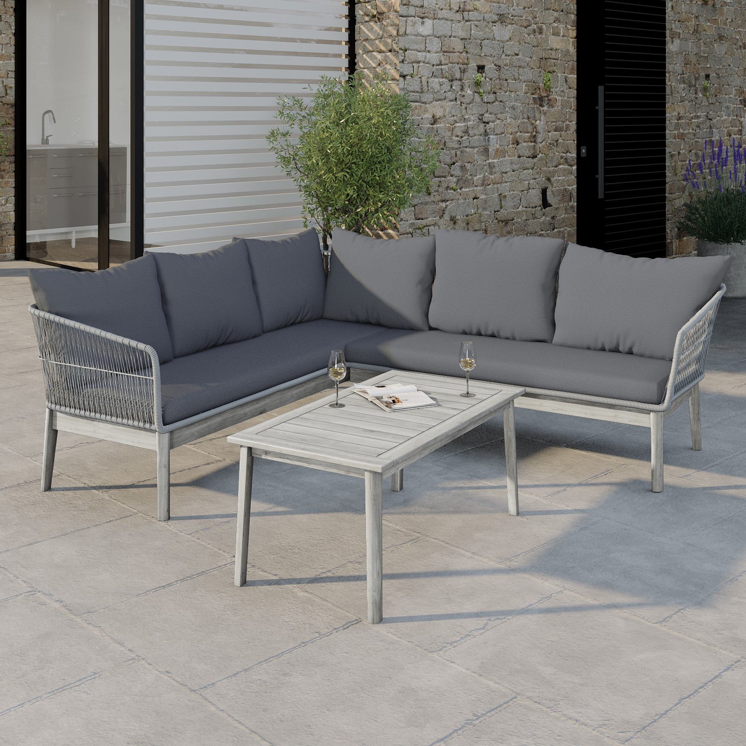 Photo of 5 seater grey rope effect garden corner sofa set with table - como