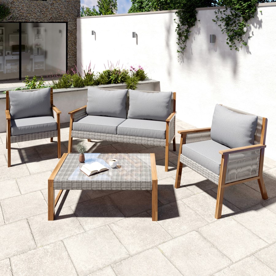 GRADE A1 - 4 Seater Grey Rattan Garden Sofa Set with Wooden Frame - Aspen