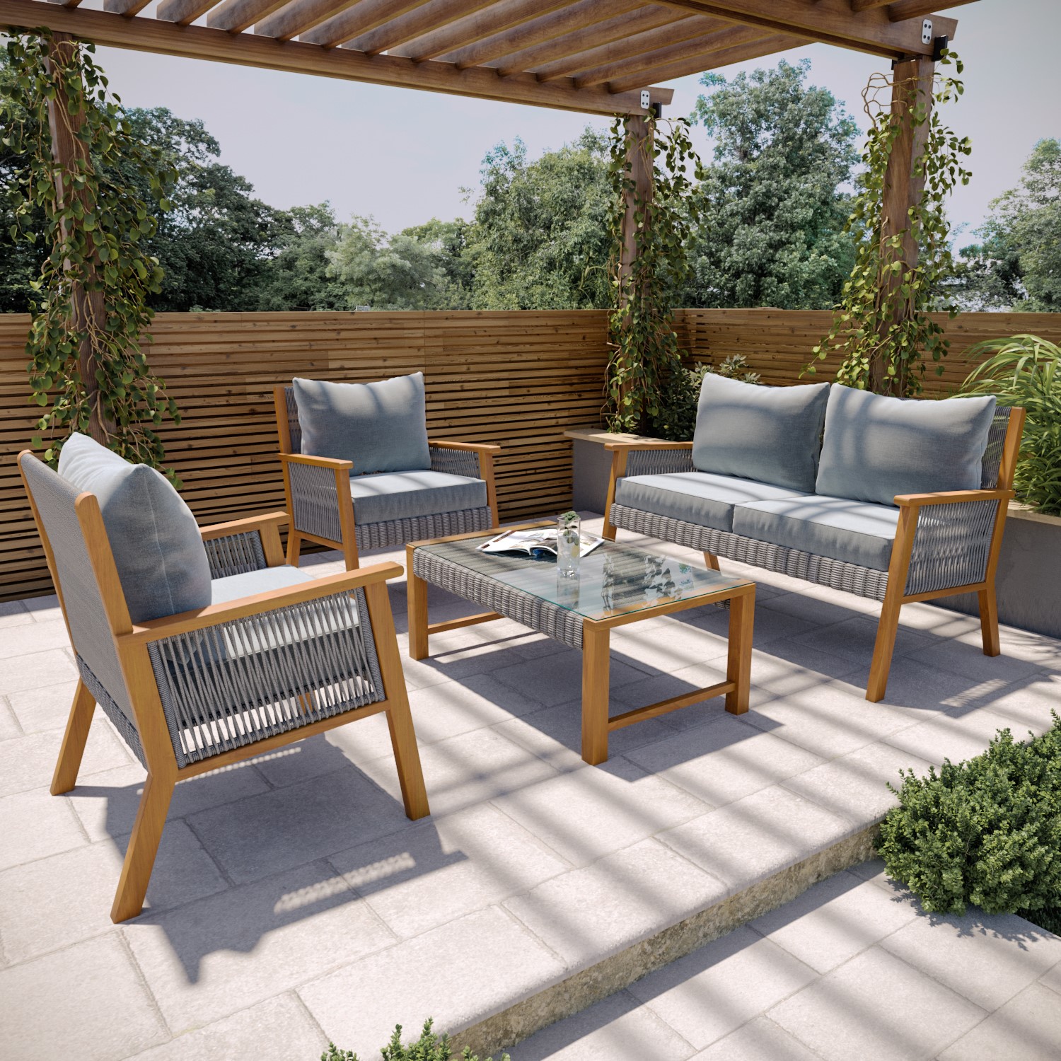 Photo of 4 seater grey rattan garden sofa set with solid wood frame - aspen
