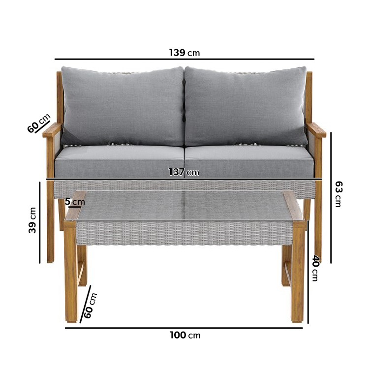 4 Seater Grey Rattan Garden Sofa Set With Solid Wood Frame - Aspen