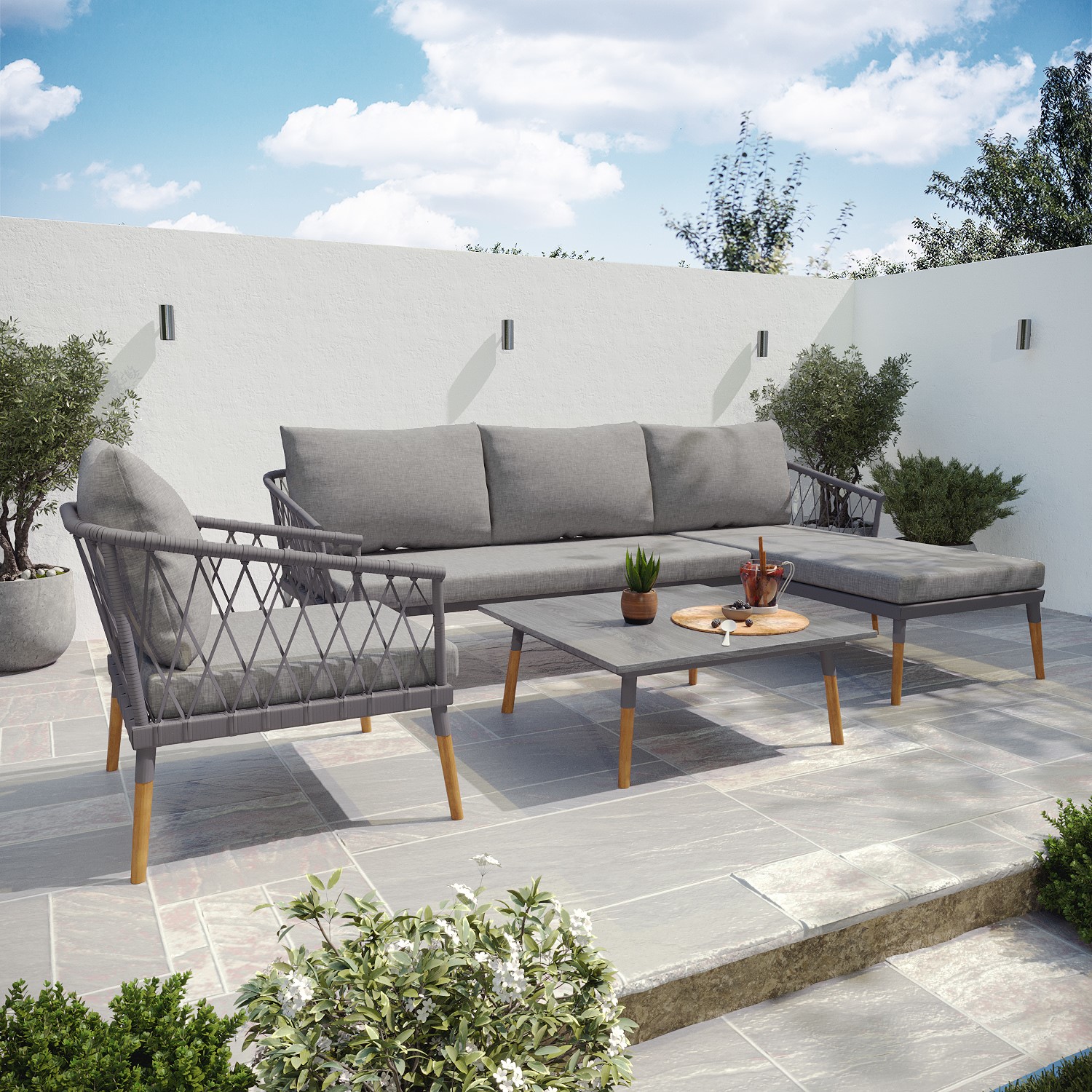 Photo of 4 seater grey garden corner sofa set with armchair and table - como