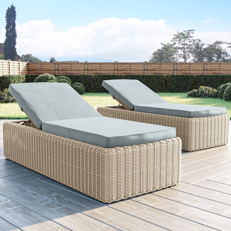 2 Seater Natural Ratttan Reclining Sun Lounger Set with Grey Cushions - Aspen