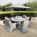 FTR136 6 Seater Grey Round Rattan Garden Dining Set with Lazy Susan and Parasol