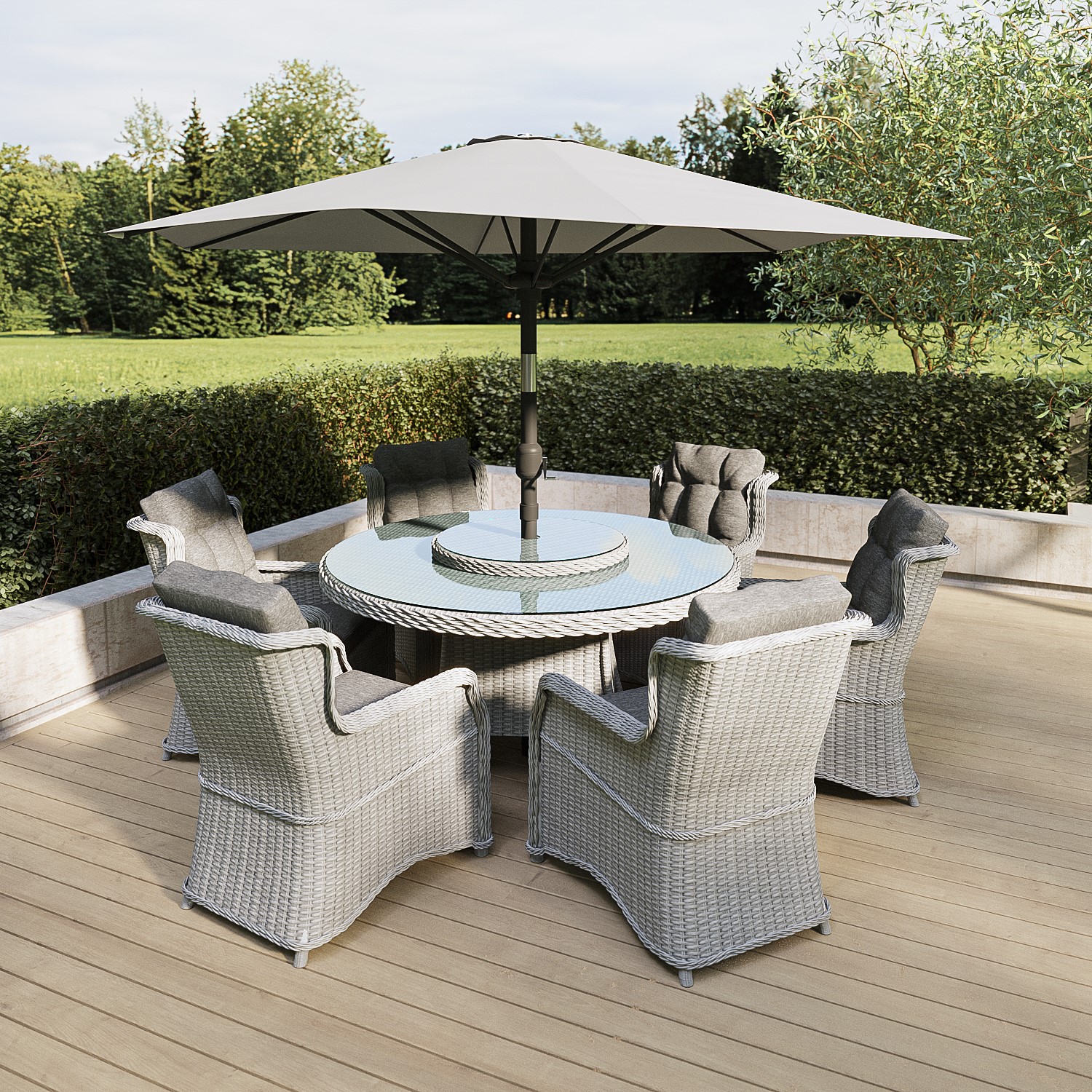 Photo of 6 seater grey round rattan garden dining set with lazy susan and parasol - aspen