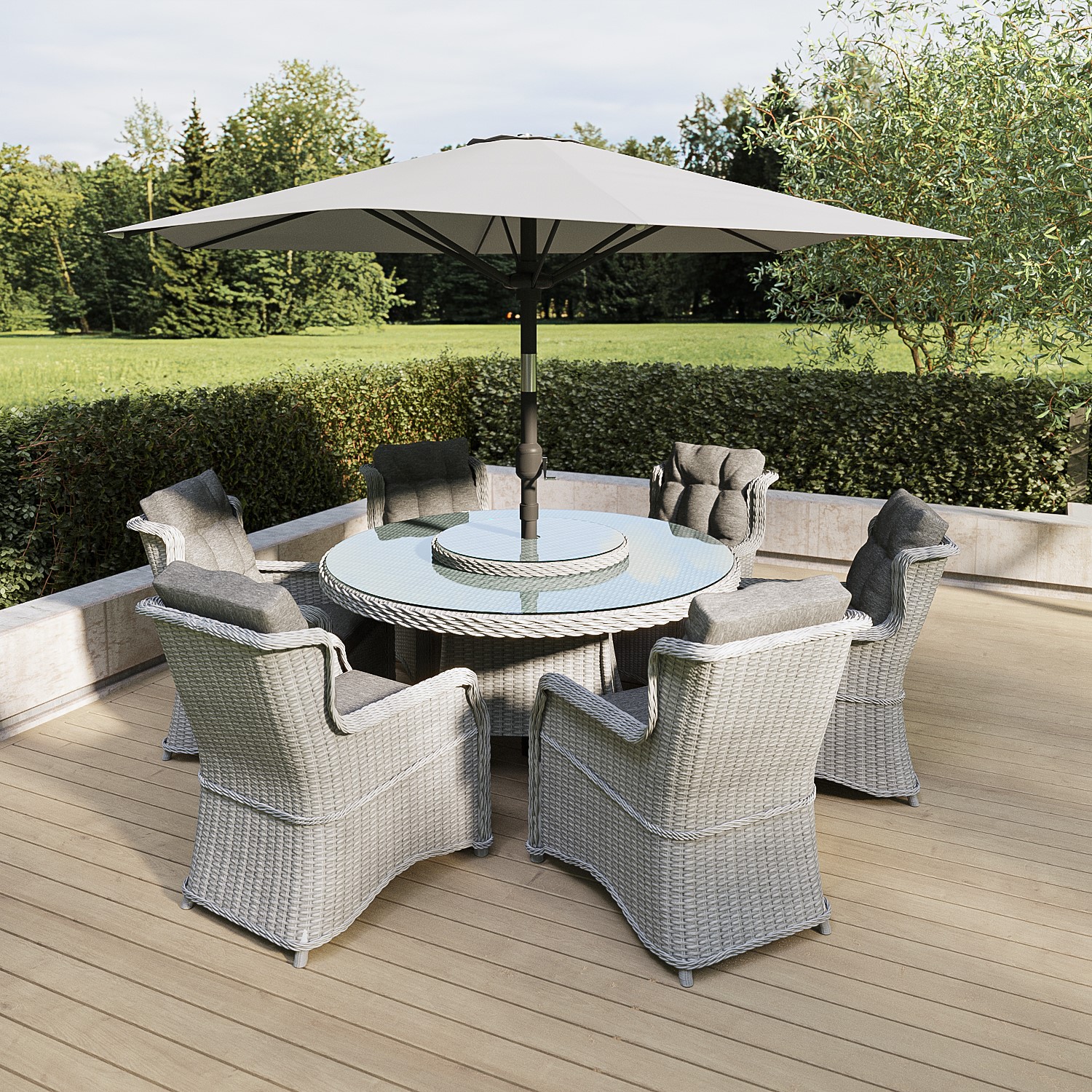 Aspen Grey 6 Seater Rattan Round Garden Dining Set With Lazy Susan Built-In Ice Bucket And Matching Parasol