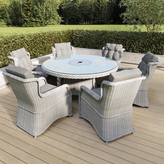 6 Seater Grey Round Rattan Garden Dining Set with Lazy Susan and Parasol - Aspen