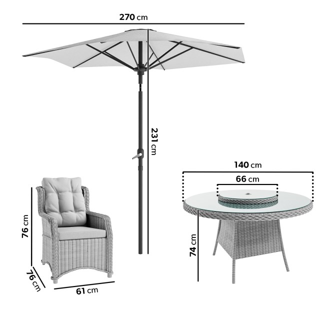 6 Seater Grey Round Rattan Garden Dining Set with Lazy Susan and Parasol - Aspen