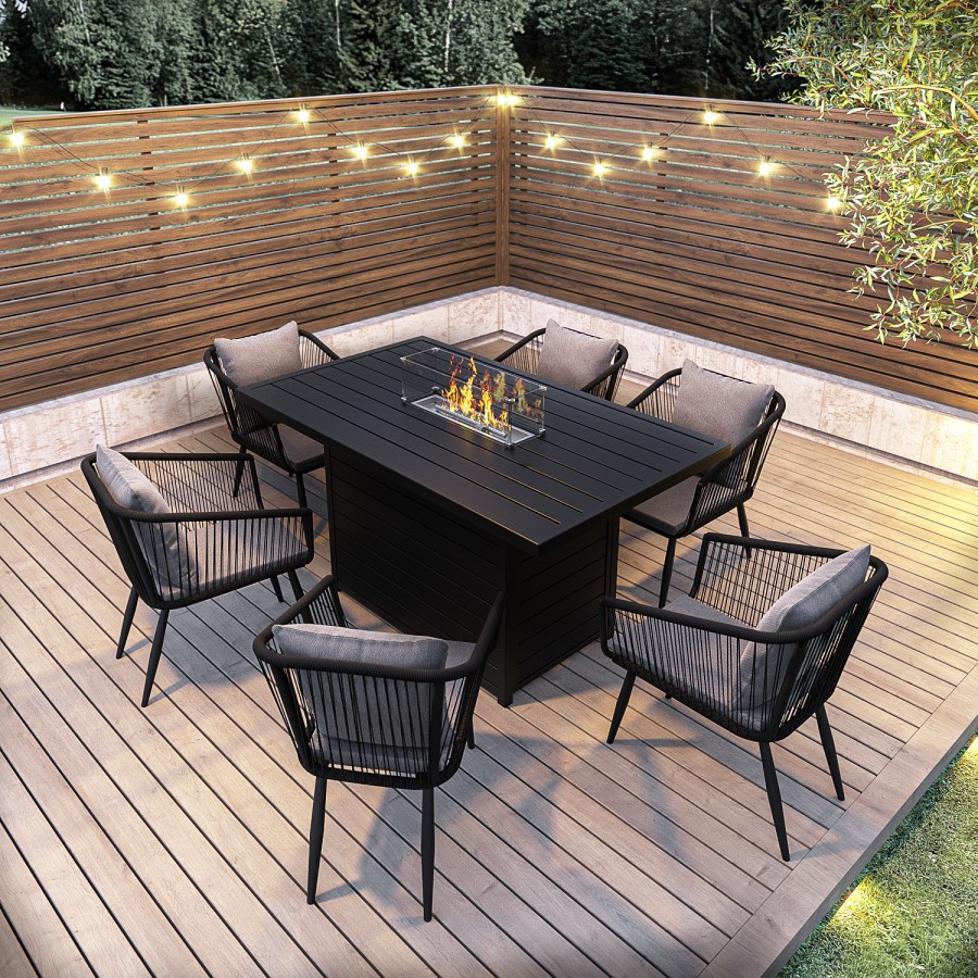 ONLY OPENED - 6 Seater Grey Aluminium & Rope Dining Set with Firepit Table - Como