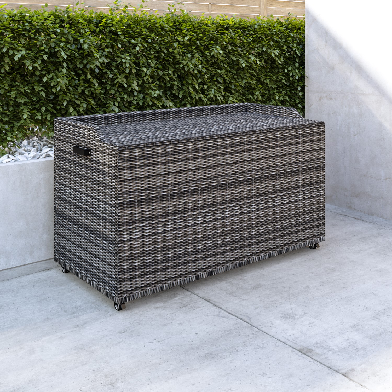 Outdoor Grey Rattan Water Resistant Storage Box With Serving Ledge & Whee FTR140