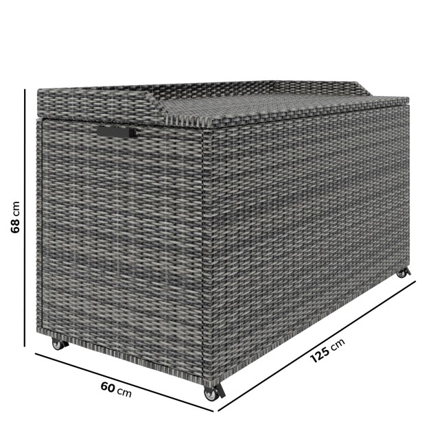 Grey Rattan Water Resistant Garden Storage Box with Serving Ledge & Wheels - 125x60cm