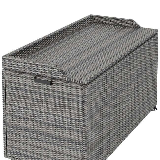 Grey Rattan Water Resistant Garden Storage Box with Serving Ledge & Wheels - 125x60cm