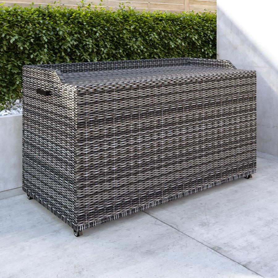 GRADE A1 - Large Outdoor Grey Rattan Water Resistant Storage Box with Serving Ledge & Wheels - 150x90cm - Fortrose