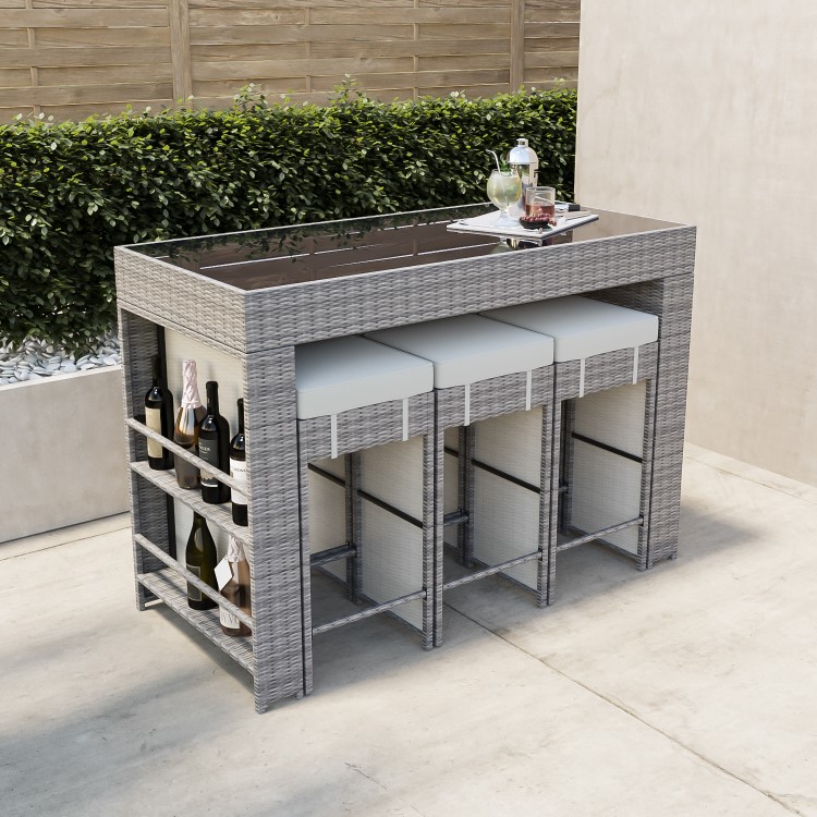 6 Seater Grey Rattan Garden Bar Set with Premium Glass Topped Bar Table - Fortrose