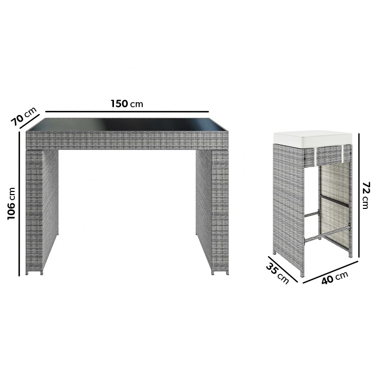 6 Seater Grey Rattan Garden Bar Set with Premium Glass Topped Bar Table - Fortrose