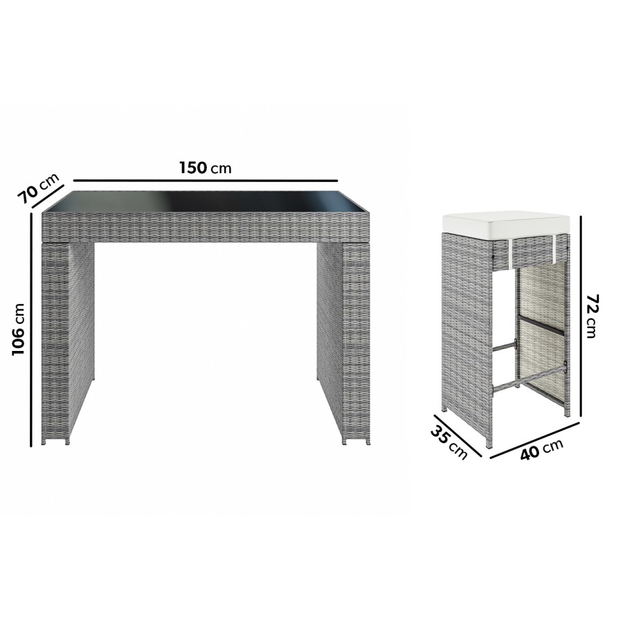 6 Seater Grey Rattan Garden Bar Set with Premium Glass Topped Bar Table - Fortrose