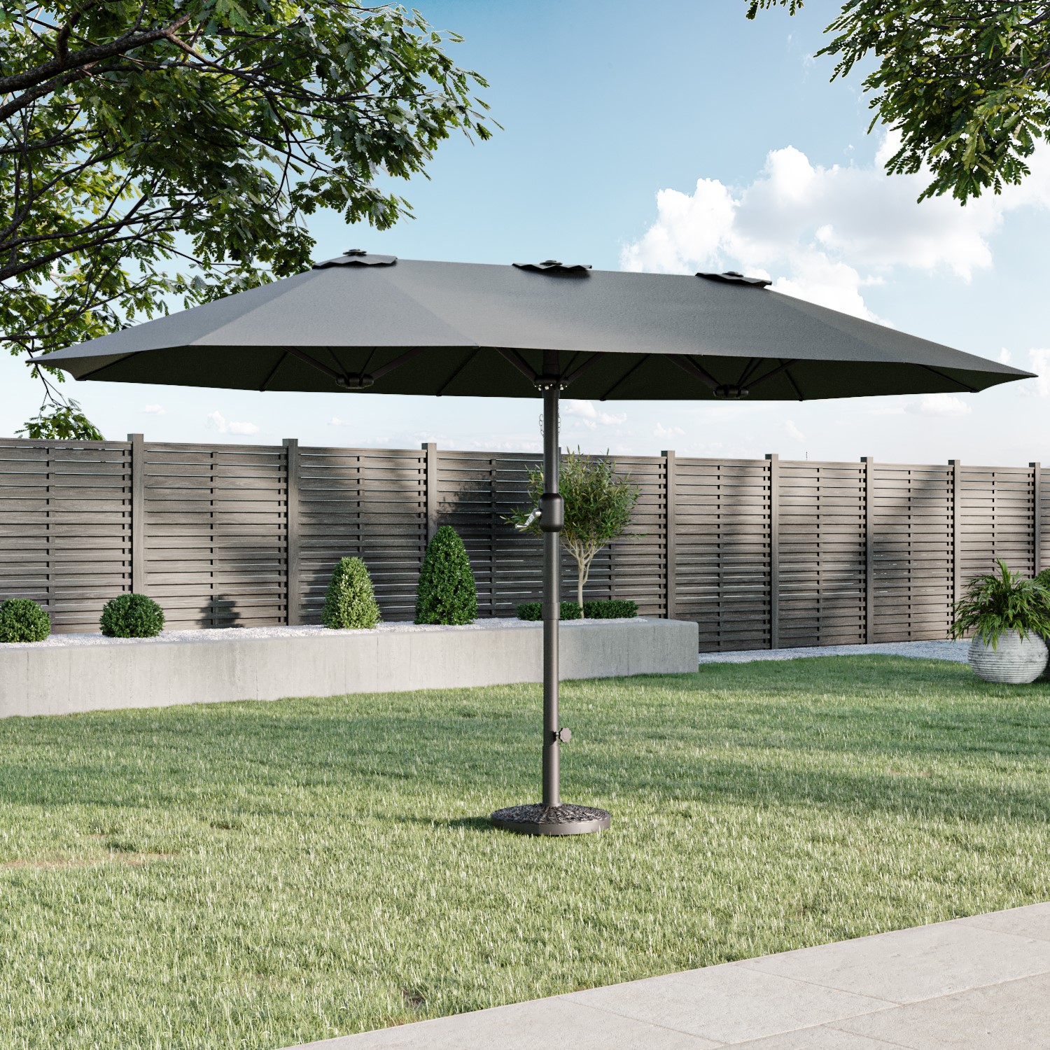 Photo of 2.7x4.5m large double sided grey parasol with base - como