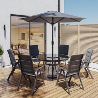 6 seater Grey Metal Garden Dining Set with Lazy Susan Parasol & Padded Foldable Chairs - Fortrose 6 seater Grey Metal Garden Dining Set with Lazy Susan Parasol & Padded Foldable Chairs - Fortrose