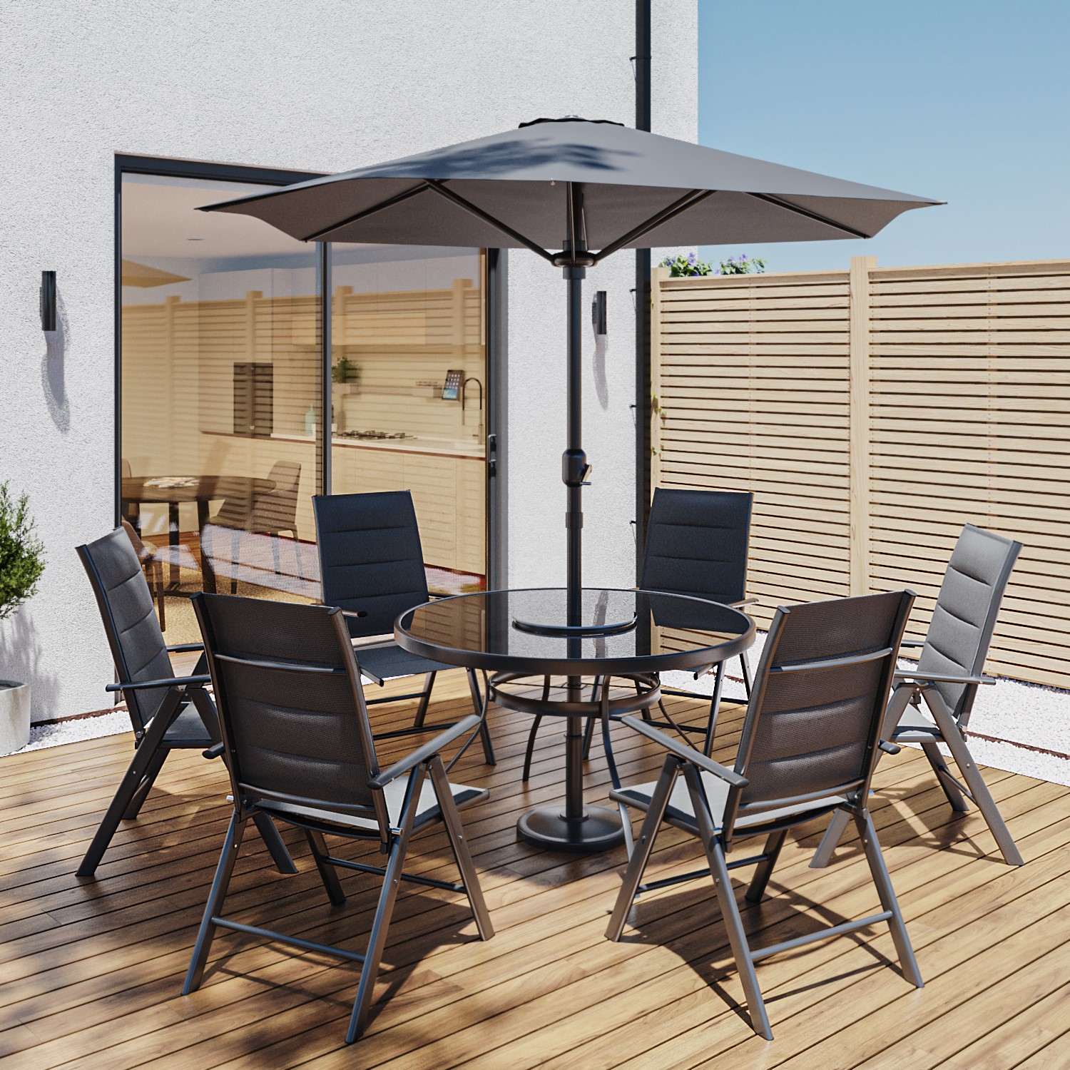 Photo of 6 seater grey metal garden dining set with lazy susan parasol & padded foldable chairs - fortrose