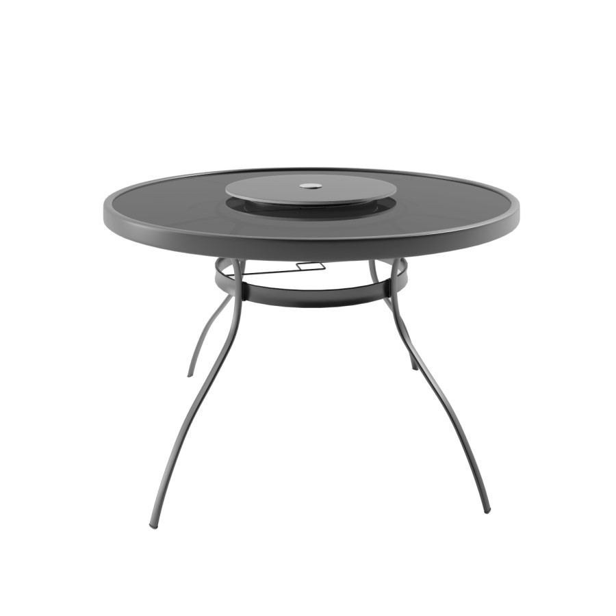 6 seater Grey Metal Garden Dining Set with Lazy Susan Parasol & Padded Foldable Chairs - Fortrose