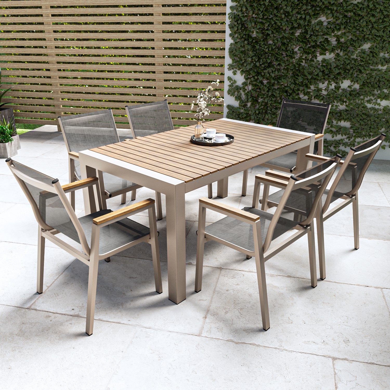 Photo of 6 seater wood effect & aluminium stackable garden dining set - como