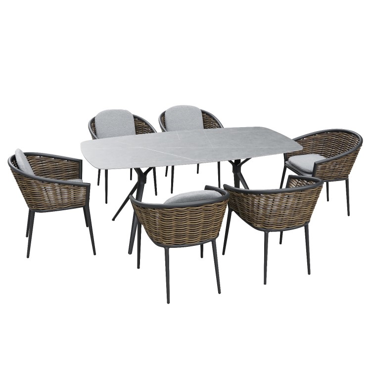 6 Seater Garden Dining Set with Woven Wicker Chairs & Stone Table Top