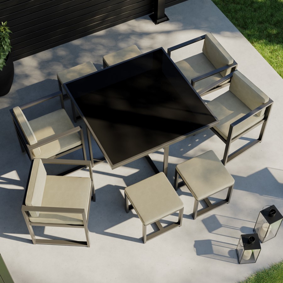 8 Seater Grey Metal Cube Set with Beige Cushions - Como