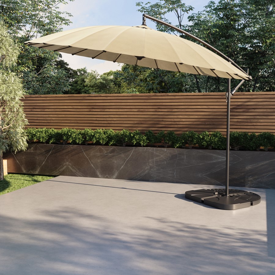 ONLY OPENED - Black Aluminium and Round Beige Parasol with Weighted Base and Cover - Fortrose