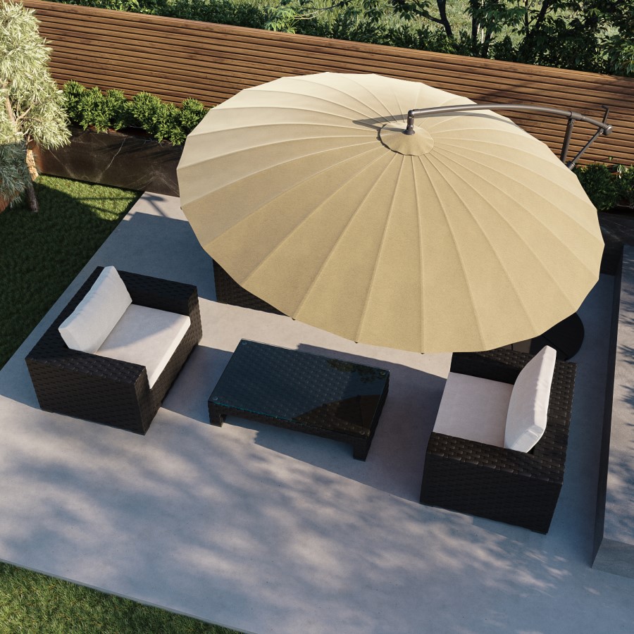 ONLY OPENED - Black Aluminium and Round Beige Parasol with Weighted Base and Cover - Fortrose