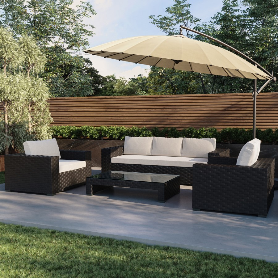ONLY OPENED - Black Aluminium and Round Beige Parasol with Weighted Base and Cover - Fortrose
