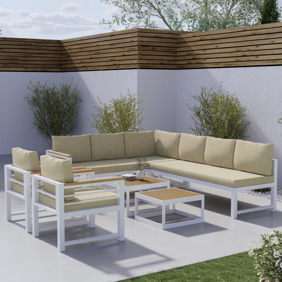 8 Seater White Steel Corner Sofa Set with 2 Single Sofa Chairs and Coffee Tables