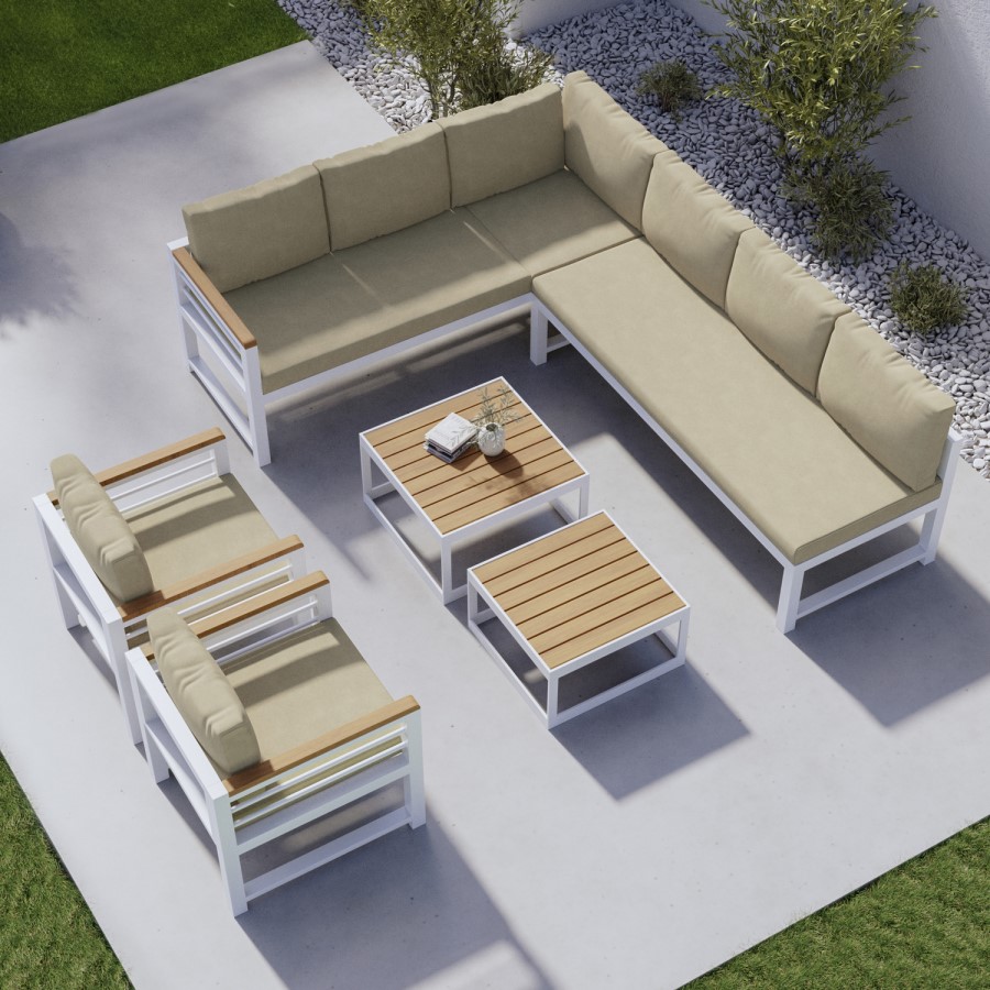 8 Seater White Steel Corner Sofa Set with 2 Single Sofa Chairs and Coffee Tables