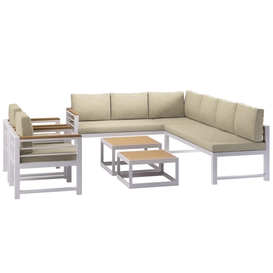 8 Seater White Steel Corner Sofa Set with 2 Single Sofa Chairs and Coffee Tables