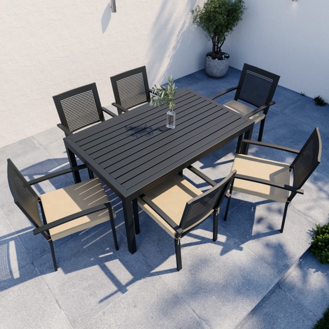 6 Seater Grey Metal Dining Set with Detailed Chair Back and Slatted Table Top - Como