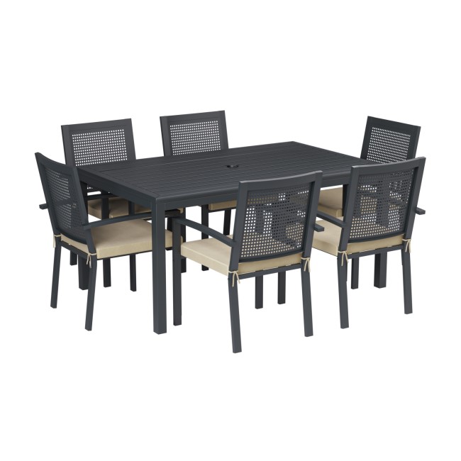 6 Seater Grey Metal Dining Set with Detailed Chair Back and Slatted Table Top - Como