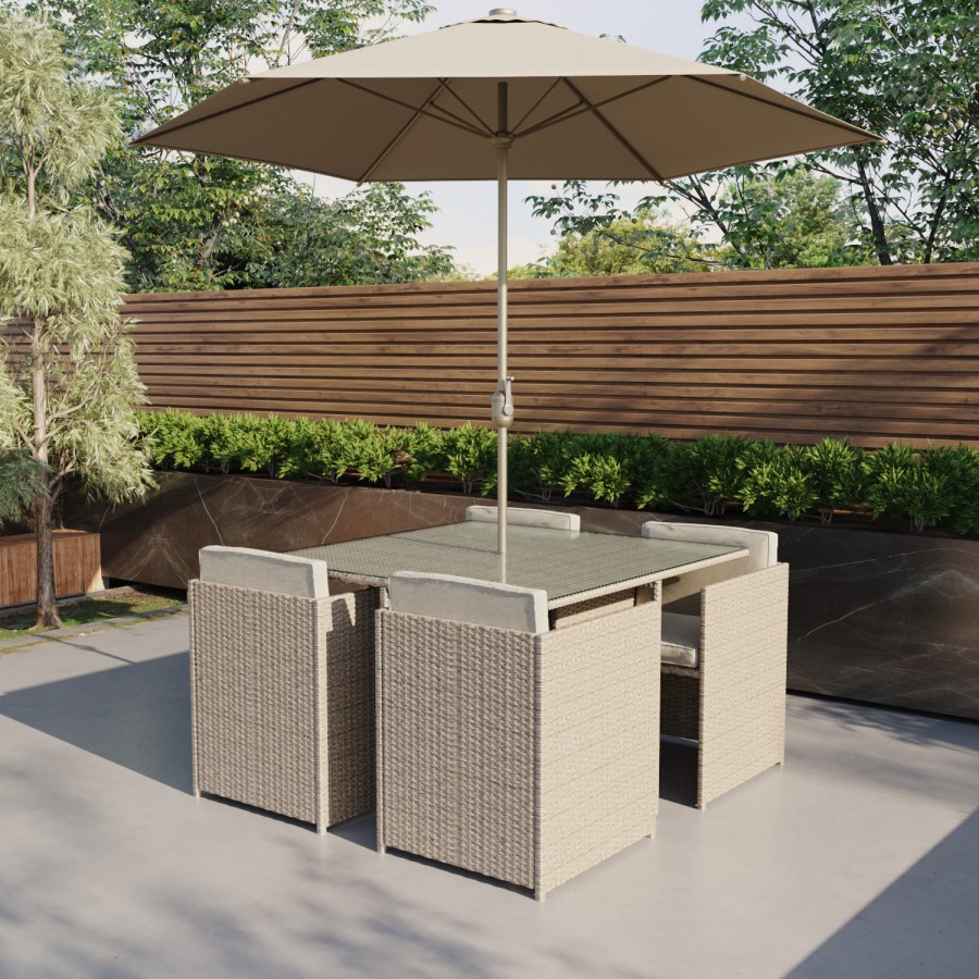 ONLY OPENED - 4 Seater Neutral Rattan Cube Garden Dining Set with Parasol Included - Como