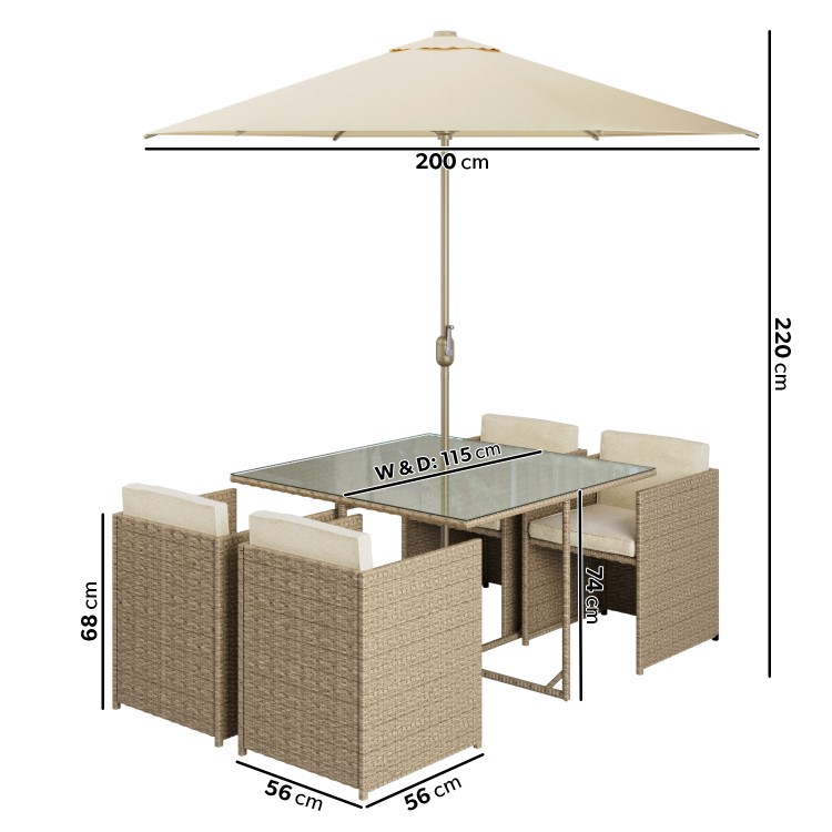 4 Seater Neutral Rattan Cube Garden Dining Set with Parasol Included - Como