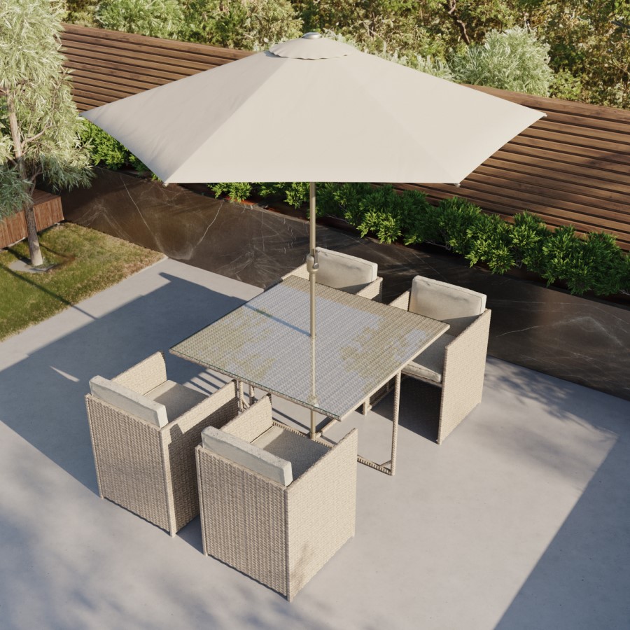 ONLY OPENED - 4 Seater Neutral Rattan Cube Garden Dining Set with Parasol Included - Como