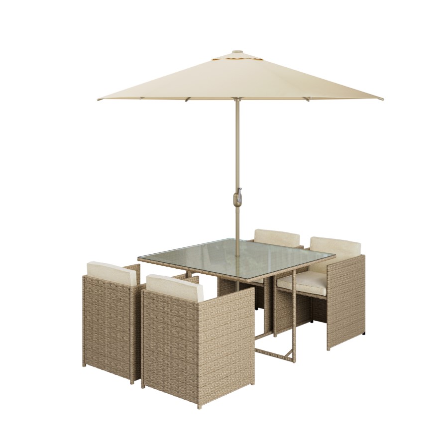 ONLY OPENED - 4 Seater Neutral Rattan Cube Garden Dining Set with Parasol Included - Como