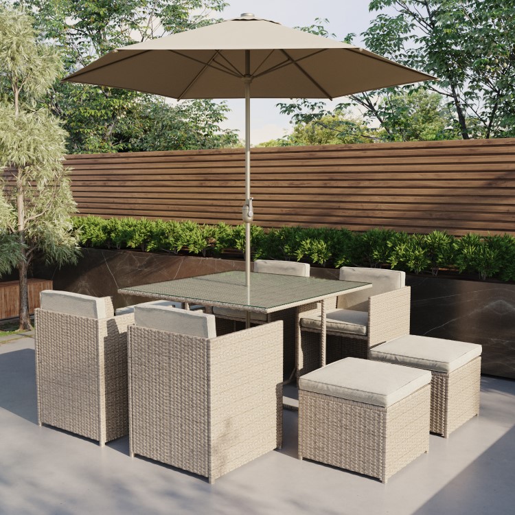 8 Seater Natural Rattan Cube Garden Dining Set with Parasol Included - Como