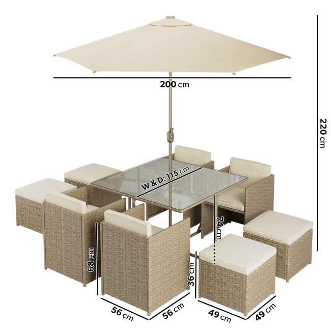 8 Seater Natural Rattan Cube Garden Dining Set with Parasol Included - Como