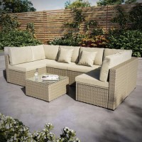 6 Seater Neutral Rattan Garden Set with Beige Cushions and Coffee Table - Como