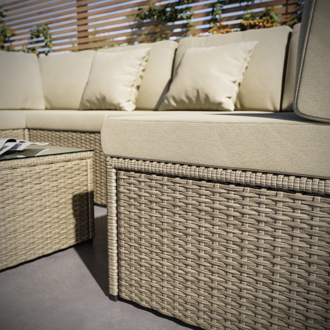 6 Seater Neutral Rattan Garden Set with Beige Cushions and Coffee Table - Como