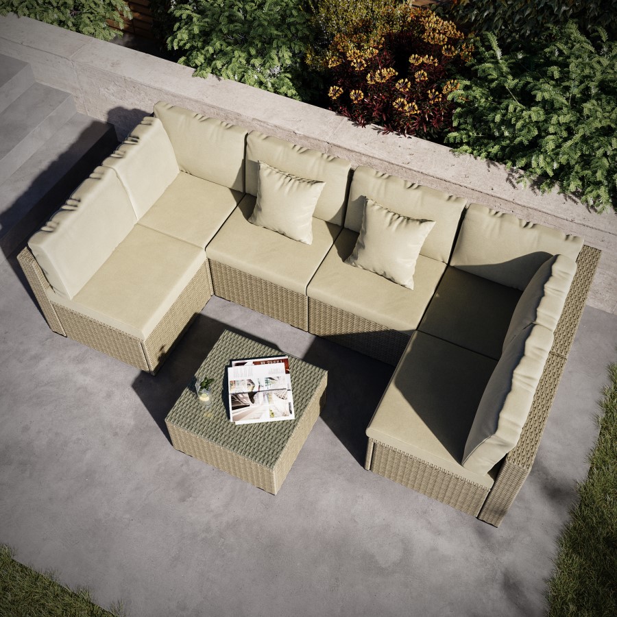 GRADE A1 - 6 Seater Neutral Rattan Garden Set with Beige Cushions and Coffee Table - Como