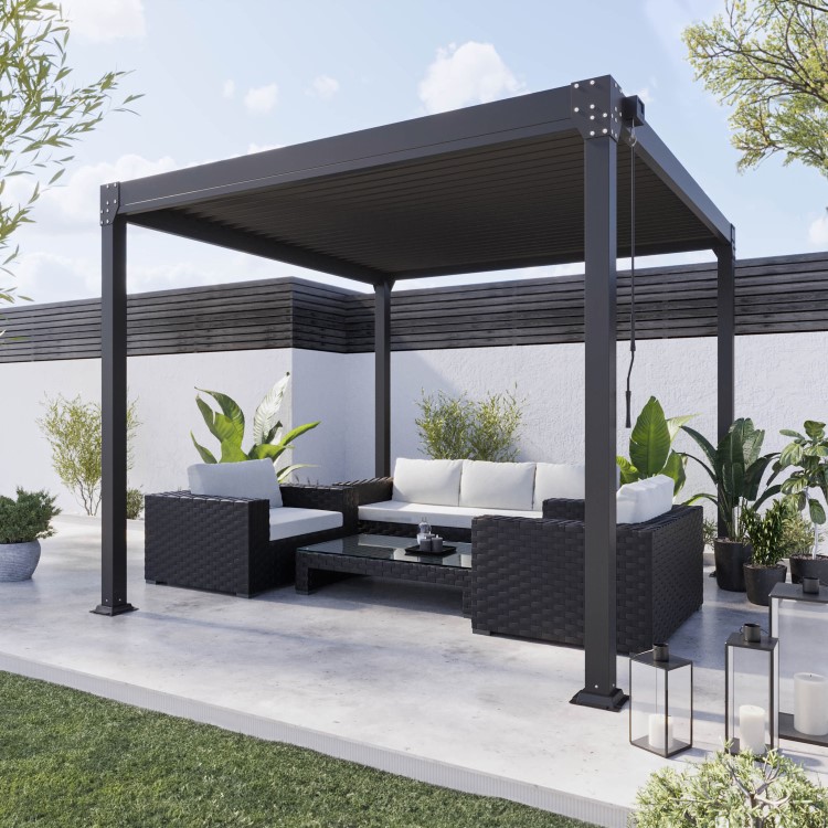 Heavy Duty Black Aluminium Pergola with Louvered Shutter Roof 3 x 3m - Como