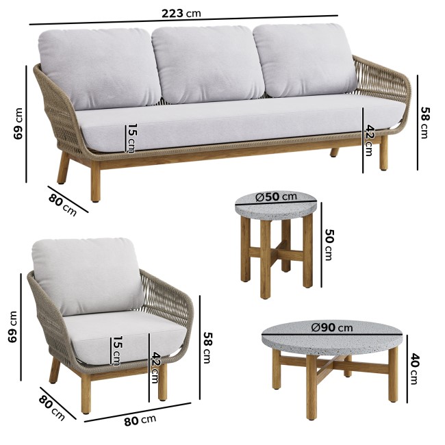 5 Seater Rope and Acacia Garden Sofa Set with Terrazzo Coffee Tables - Aspen