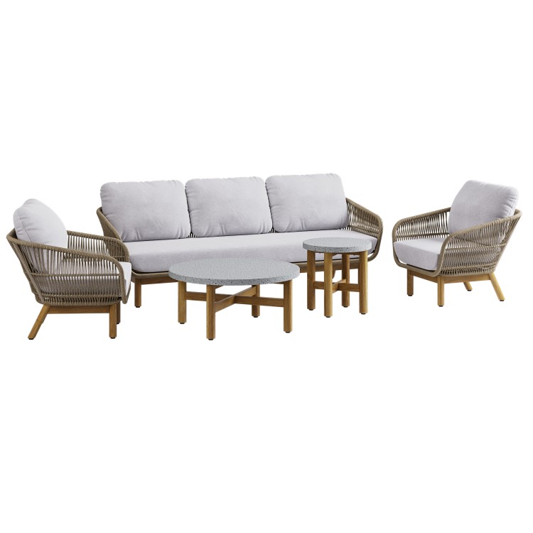 5 Seater Rope and Acacia Garden Sofa Set with Terrazzo Coffee Tables - Aspen